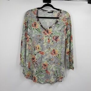 DAVID CLINE Tunic Top Womens XL Green V-Neck Long Sleeve Floral Polyester Rayon